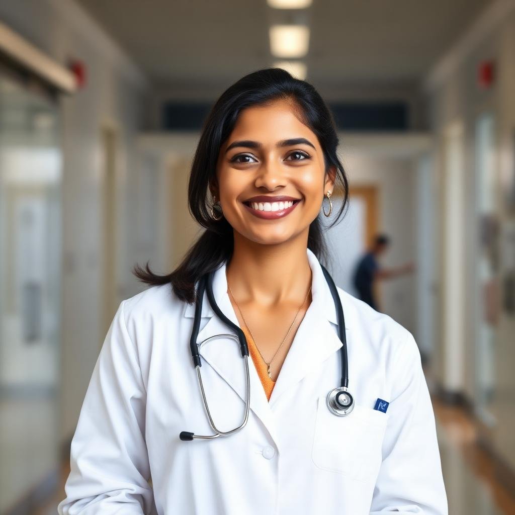Smiling Indian medical student in white coat