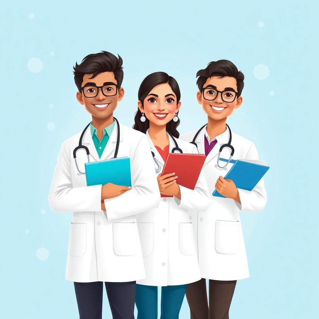 Indian medical students smiling with stethoscopes and books